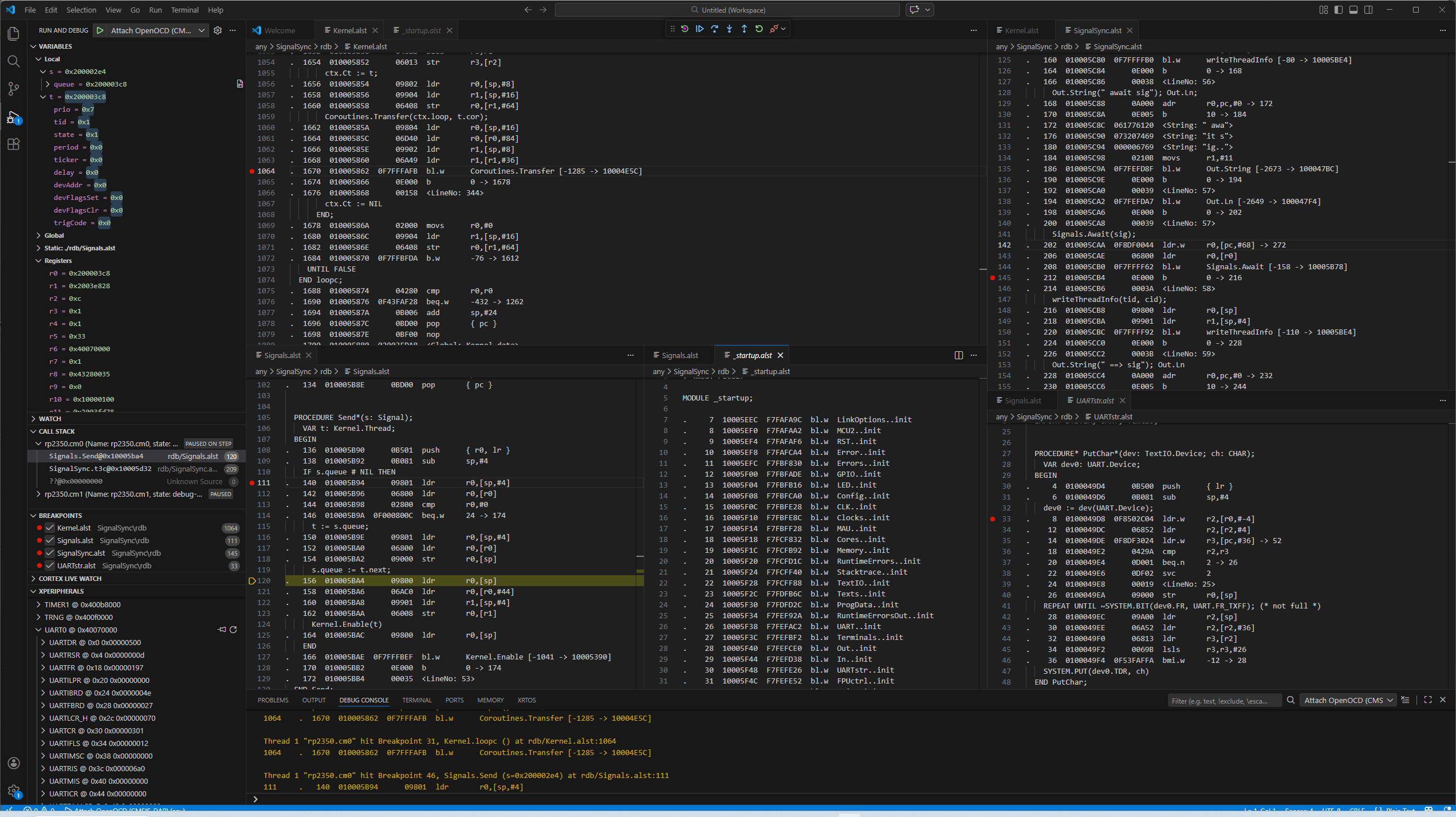screenshot multi-pane debugging with Cortex-Debug in Visual Code